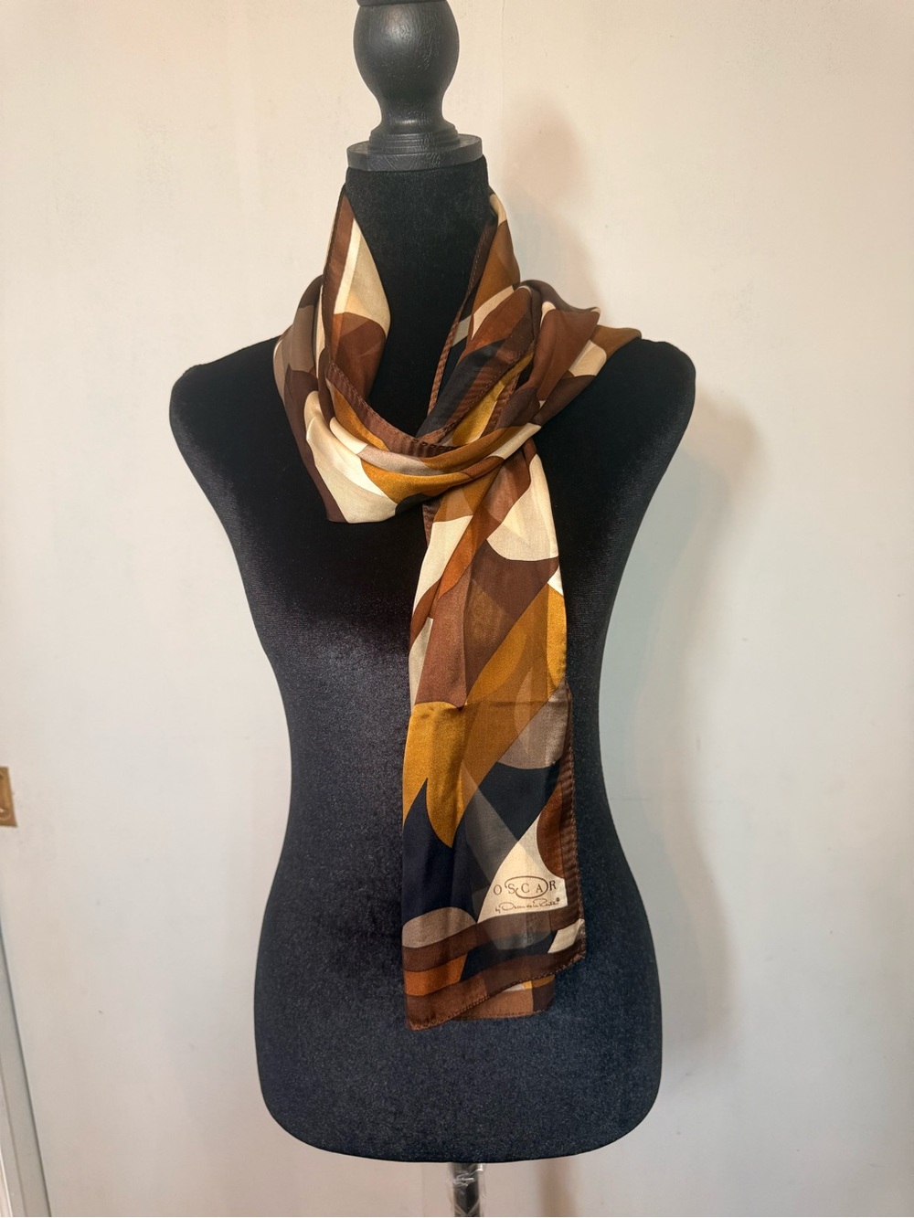 Oscar de la Renta Brown, Gold & Cream Geometric Silk Scarf